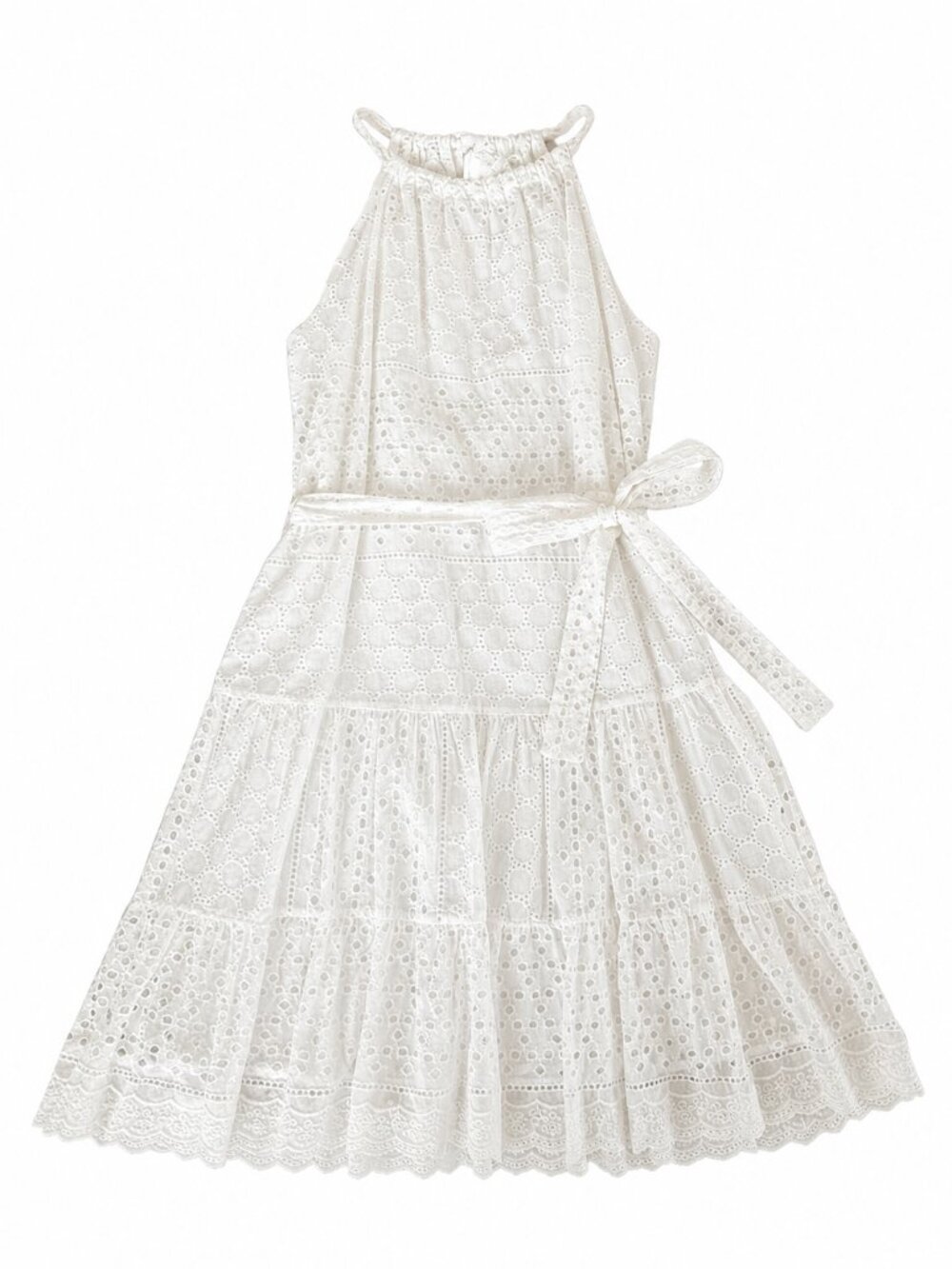Jade by Melody Tam White Eyelet Halter Tie-Waist Dress, XS
